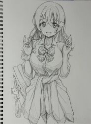  1girl :d animal_charm bag bent_v bow bowtie breasts cardigan cardigan_around_waist charm_(object) clothes_around_waist collarbone collared_shirt commentary_request cowboy_shot double_v emma_verde graphite_(medium) greyscale gyaru gyarugasaki hair_ornament hatching_(texture) highres honochikacchi kogal large_breasts linear_hatching long_hair looking_at_viewer love_live! love_live!_nijigasaki_high_school_idol_club miniskirt monochrome official_alternate_costume open_mouth pen_(medium) plaid_bow plaid_bowtie plaid_clothes pleated_skirt school_bag school_uniform shirt simple_background skirt smile solo standing star_(symbol) star_hair_ornament teeth three-quarter_sleeves traditional_media upper_teeth_only v white_background 