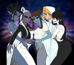  5girls absurdres azura black_choker black_eyes black_eyeshadow black_hair black_jacket black_pants blonde_hair blue_eyes blue_skin boethiah breasts brown_hair choker cleavage colored_sclera colored_skin commentary cropped_jacket cropped_shirt dark-skinned_female dark_skin dress english_commentary eyeshadow grey_pants high_ponytail highres jacket key long_hair looking_at_viewer makeup mascara medium_breasts mephala meridia midriff multiple_girls navel nocturnal open_mouth pants pointy_ears ponytail ratopomboart red_eyes red_sclera robe shirt short_hair side_slit smile stomach the_elder_scrolls white_dress white_pants white_robe white_shirt wide_sleeves 