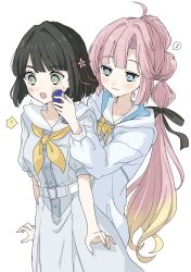  !? 2girls :3 ahoge anyoji_hime behind_another black_hair black_ribbon blonde_hair blue_eyes blunt_bangs blunt_ends blunt_sidelocks blush bob_cut breast_pocket can closed_mouth commentary_request cowboy_shot dress drink_can flinch gradient_hair green_eyes hair_ribbon hasu_no_sora_school_uniform highres holding holding_can hood hooded_jacket jacket link!_like!_love_live! long_sleeves looking_at_another love_live! momose_ginko multi-tied_hair multicolored_hair multiple_girls natsu_(natsukikenken) neckerchief object_to_cheek open_clothes open_jacket open_mouth pink_hair pleated_dress pocket ponytail puffy_short_sleeves puffy_sleeves red_bull ribbon sailor_collar sailor_dress school_uniform short_hair short_sleeves sidelocks simple_background smile split_mouth spoken_interrobang surprised virtual_youtuber white_background white_dress white_jacket white_sailor_collar wide-eyed yellow_neckerchief 