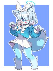  1girl absurdres animal_ear_fluff animal_ears animal_nose arona_(blue_archive) barefoot blue_archive blue_eyes blue_fur blue_hair blue_halo blue_shirt bow bow_hairband bowtie braid claw_pose claws clothes_lift colored_inner_hair commentary english_commentary fang full_body furrification furry furry_female hair_over_one_eye hair_ribbon hairband halo hands_up highres lk149 long_sleeves medium_hair midriff multicolored_hair open_mouth pawpads pink_hair puffy_long_sleeves puffy_sleeves ribbon sailor_collar school_uniform serafuku shirt shirt_lift single_braid skirt smile solo standing tail two-tone_hair v-shaped_eyebrows white_bow white_bowtie white_hairband white_ribbon white_sailor_collar white_skirt  rating:General score:12 user:danbooru