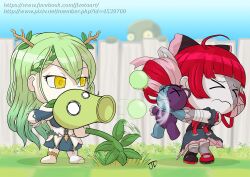  1girl antlers blush bow braid braided_bangs branch breasts ceres_fauna cleavage colored_skin double_bun dress flower green_hair grey_hair grey_skin hair_bun hair_flower hair_ornament heterochromia hololive hololive_english hololive_indonesia horns jewelry kureiji_ollie large_breasts long_hair looking_at_viewer mole mole_under_eye multicolored_hair multicolored_skin multiple_girls open_mouth patchwork_skin peashooter_(plants_vs._zombies) pink_hair plants_vs._zombies red_eyes red_hair smile solo stitched_face stitches virtual_youtuber yellow_eyes zombie 