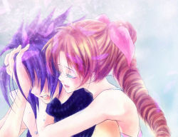  1814im 1990s_(style) 1boy 1girl aerith_gainsborough black_hair brown_hair couple closed_eyes final_fantasy final_fantasy_vii long_hair pink_ribbon ponytail ribbon short_hair tears 