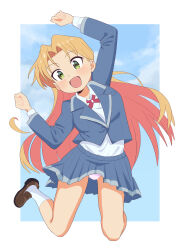 1girl absurdres arms_up blazer blonde_hair blue_jacket blue_skirt blush border brown_shoes collared_shirt commentary_request full_body green_eyes highres jacket jumping loafers long_hair long_sleeves looking_at_viewer miniskirt open_mouth outside_border panties pantyshot pleated_skirt ruri_no_houseki school_uniform shirt shoes skirt sky smile socks solo tanigawa_ruri tsurasugu underwear white_border white_panties white_shirt white_socks 