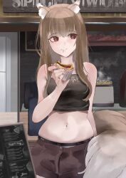  1girl absurdres alternate_costume animal_ear_fluff animal_ears araca_ra bare_shoulders belly black_tank_top blush brown_hair brown_shorts cowboy_shot crop_top eating eyelashes food food_on_face highres holding holo long_hair muffin_top navel outdoors red_eyes shadow short_shorts shorts sidelocks solo spice_and_wolf stomach tail tank_top wolf_ears wolf_girl wolf_tail 
