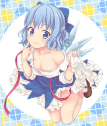 1girl bad_id bad_pixiv_id bare_shoulders blue_eyes blue_hair bow cirno hair_bow ice ice_wings loli looking_at_viewer maki_(natoriumu) mary_janes off_shoulder shoes short_hair simple_background smile touhou wings rating:Questionable score:24 user:danbooru