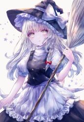  1girl absurdres apron black_hat black_skirt black_vest blonde_hair bow braid broom commentary hair_bow hat hat_bow highres holding holding_broom kirisame_marisa long_hair looking_at_viewer side_braid single_braid skirt solo star_(symbol) suzushina touhou vest waist_apron white_apron white_bow witch_hat yellow_eyes 