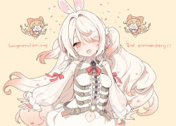  2girls :d animal_ear_fluff animal_ears anniversary blade_(galaxist) blush breasts brown_background brown_eyes brown_hair clothing_cutout commentary_request congratulations dress eyes_visible_through_hair floating_hair gradient_hair hair_intakes hair_over_one_eye head_tilt highres indie_virtual_youtuber long_hair long_sleeves looking_at_viewer multicolored_hair multiple_girls navel navel_cutout open_mouth puffy_long_sleeves puffy_sleeves rabbit_ears simple_background sleeves_past_wrists small_breasts smile sonobe_maya two_side_up very_long_hair white_dress white_hair yamata_(lllwolll) 