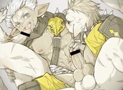  3boys abs anal armor bar_censor bara breast_sucking censored commentary_request cross_scar erection fellatio granblue_fantasy iha_tobu male_focus male_penetrated multiple_boys multiple_scars muscular muscular_male navel nipples oral pauldrons pectorals penis pointy_ears pubic_hair scar scar_on_leg shoulder_armor single_pauldron skull_(granblue_fantasy) spiked_pauldrons sweat testicles tongue tongue_out white_hair yaoi 
