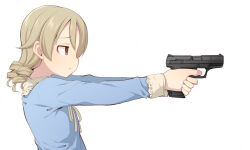  1girl blue_shirt bow bowtie breasts brown_eyes collared_shirt drill_hair gun handgun holding holding_gun holding_weapon idolmaster idolmaster_cinderella_girls light_brown_hair long_sleeves looking_ahead medium_hair morikubo_nono profile revision ringlets shirt sidelocks small_breasts solo uccow walther walther_p99 weapon 