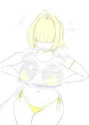  1girl ahoge bikini bikini_under_clothes blonde_hair breasts commentary elegg_(nikke) goddess_of_victory:_nikke hair_intakes hair_over_eyes hands_on_own_hips konmori_(kinbou_sokai) large_breasts navel notice_lines open_mouth partially_colored shirt simple_background sketch smile solo spraying stomach swimsuit symbol-only_commentary unfinished water water_gun wet wet_clothes white_background yellow_bikini 