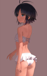  1girl ass bikini black_hair brown_background green_eyes highres idolmaster kikuchi_makoto looking_back nekopuchi short_hair solo standing swimsuit tagme upper_body white_bikini  rating:General score:26 user:serenemisery