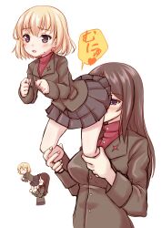  2girls black_hair black_skirt blonde_hair blue_eyes blush bob_cut commentary face_in_ass fang girls_und_panzer green_jacket half-closed_eyes heart heart-shaped_pupils highres jacket katyusha_(girls_und_panzer) lifting_person long_hair long_sleeves looking_at_another miniskirt multiple_girls multiple_views nonna_(girls_und_panzer) open_mouth pleated_skirt pravda_school_uniform red_shirt school_uniform shiromitsu_suzaku shirt short_hair skirt speech_bubble sweatdrop swept_bangs symbol-shaped_pupils translated turtleneck  rating:Sensitive score:34 user:danbooru