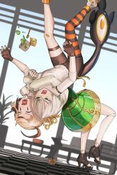  2girls absurdres advarcher ahoge bandaid bandaid_on_knee bandaid_on_leg bike_shorts black_gloves black_shorts black_thighhighs blonde_hair brown_hair cecilia_immergreen cecilia_immergreen_(1st_costume) doll_joints fingerless_gloves german_suplex gigi_murin gigi_murin_(1st_costume) gloves green_eyes green_skirt green_streaks high_heels highres hololive hololive_english joints multicolored_hair multiple_girls open_mouth orange_thighhighs pink_eyes shirt shorts skirt streaked_hair striped_clothes striped_thighhighs suplex tail thighhighs two-tone_hair virtual_youtuber white_hair white_shirt winding_key 