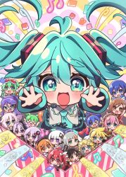  3boys 6+girls a.i._voice adachi_rei ahoge akita_neru aqua_eyes black_skirt black_sleeves black_thighhighs blonde_hair blue_eyes blue_hat blush bow bracelet brown_eyes brown_hair brown_hairband brown_sleeves cevio chibi chibi_only chis-a closed_mouth coat collared_shirt commentary_request confetti criss-cross_halter detached_sleeves dress expressionless flower_(vocaloid) flower_(vocaloid4) goggles goggles_on_head green_eyes green_hair grey_jacket grey_shirt gumi hair_between_eyes hair_bow hairband halter_dress halterneck hand_up hat hatsune_miku headlamp headphones headset highres ia_(vocaloid) incoming_hug irasutogakari jacket jewelry kaai_yuki kafu_(cevio) kagamine_len kagamine_rin kaito_(vocaloid) kamui_gakupo kasane_teto kasane_teto_(sv) kizuna_akari kotonoha_akane kotonoha_aoi layered_sleeves lily_(vocaloid) long_hair long_sleeves looking_at_viewer megurine_luka meiko_(vocaloid) microphone multiple_boys multiple_girls musical_note musical_staff musical_staff_print necktie one_(cevio) one_eye_closed open_mouth orange_eyes orange_hair otomachi_una pink_hair pleated_skirt purple_hair radio_antenna red_jacket red_necktie shirt short_hair_with_long_locks skirt sleeveless sleeveless_shirt smile striped_clothes striped_jacket synthesizer_v teeth thighhighs touhoku_kiritan touhoku_zunko upper_teeth_only utau vocaloid voiceroid voicevox white_bow white_coat white_hair white_jacket wing_collar yowane_haku yuzuki_yukari zundamon 
