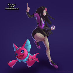 absurdres belt black_eyes black_hair blue_sclera claws colored_sclera digimon digimon_(creature) digivice elizamon flower highres legendary_tamer long_hair open_mouth ribbon running skirt skull tail