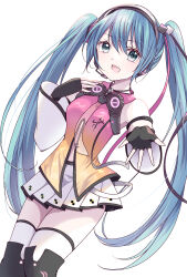  1girl aqua_eyes aqua_hair blue_eyes boots detached_sleeves dress fingerless_gloves freely_tomorrow_(vocaloid) gloves green_hair hatsune_miku hatsune_miku_(star_voice) headset highres long_hair looking_at_viewer necktie open_mouth project_diva_(series) project_diva_f siquartz22 skirt smile solo thigh_boots thighhighs twintails very_long_hair vocaloid 
