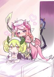  3girls absurdres apron bed blue_hair blush braid breasts cleavage detached_collar dragon_girl dragon_horns dragon_tail dress dry_humping duel_monster eastern_dragon_horns frilled_apron frills green_hair hair_between_eyes hair_ornament hand_on_own_cheek hand_on_own_face hat heart heart-shaped_pupils hiding highres horns humping laundry_dragonmaid long_sleeves looking_at_another maid maid_apron maid_headdress medium_breasts mixed_maids multiple_girls nurse nurse_cap nurse_dragonmaid open_mouth orange_eyes parlor_dragonmaid pink_dress puffy_short_sleeves puffy_sleeves purple_eyes scared short_sleeves short_twintails side_braid symbol-shaped_pupils tail tora_(oyabaka_tora) twintails wa_maid white_apron wrist_cuffs yu-gi-oh! yuri 