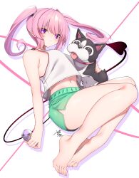  1girl armpit_crease bare_legs bare_shoulders barefoot closed_mouth commentary demon_tail dog feet full_body green_shorts highres holding legs legs_together long_hair looking_at_viewer maron_(to_love-ru) matagi_14 midriff nail_polish nana_asta_deviluke navel purple_eyes shadow shiny_skin short_hair shorts sidelocks signature simple_background solo tail tank_top to_love-ru to_love-ru_darkness toenail_polish toenails toes twintails white_background white_tank_top 