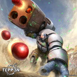  armor blue_skin blue_sky capcom colored_skin cyborg day dead_grass exhaust factory fire giant glowing glowing_eyes grass horror_(theme) ishida_baru military missile missile_launcher missile_pod monster monster_boy monster_focus muscular muscular_male no_humans official_art precision-guided_munition red_eyes resident_evil resident_evil:_the_umbrella_chronicles rocket_launcher sky t-a.l.o.s. teppen tyrant_(resident_evil) weapon 