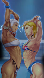  abs bare_shoulders biceps blonde_hair blue_eyes breasts cammy_white cleavage dark-skinned_female dark_skin elena_(street_fighter) flexing highres jewelry large_breasts long_hair looking_at_viewer multiple_girls muscular muscular_female navel obliques parted_lips short_hair simple_background smile street_fighter street_fighter_6 thick_thighs thighs toned whistlerx 