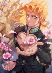  2boys absurdres blonde_hair closed_mouth eyelashes giorno_giovanna gold_experience green_eyes highres jojo_no_kimyou_na_bouken koya10305 long_sleeves looking_at_viewer male_focus multiple_boys pectoral_cleavage pectorals pink_petals stand_(jojo) toned toned_male upper_body vento_aureo 