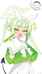  1boy 1girl absurdres anger_vein arona_(blue_archive) arona_(blue_archive)_(cosplay) blue_archive blush bow bowtie commentary cosplay demon_tail doodle_sensei_(blue_archive) english_commentary envelope fang green_hair green_halo green_shirt hair_between_eyes hair_ribbon halo hand_on_own_hip highres holding holding_envelope lock_003 long_hair long_sleeves looking_at_viewer navel notice_lines nozomi_(blue_archive) open_mouth pointy_ears ribbon sailor_collar sensei_(blue_archive) shirt sidelocks skin_fang skirt smile spoken_character tail twintails v-shaped_eyebrows white_background white_bow white_bowtie white_ribbon white_sailor_collar white_skirt yellow_eyes 
