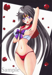  1girl arm_up bishoujo_senshi_sailor_moon black_hair blush bra breasts choker cowboy_shot hino_rei large_breasts lingerie long_hair looking_at_viewer munmu navel panties purple_eyes sailor_collar sailor_mars sailor_moon_narikiri_bra_set tiara underwear underwear_only 