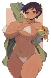 1girl bikini blush breasts bright_pupils brown_eyes cowboy_shot curvy dark-skinned_female dark_skin dc_comics earrings highres huge_breasts jewelry lois_lane my_adventures_with_superman navel off-shoulder_shirt off_shoulder panties shirt short_hair simple_background solo superman_(series) sweat swimsuit tomboy underwear white_bikini white_panties white_pupils yoshiikirablr rating:Questionable score:115 user:jojosstand