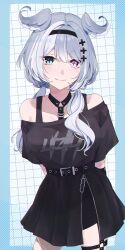  1girl aqua_eyes arms_behind_back artist_name black_shirt black_skirt blue_hair breasts cowboy_shot cross-shaped_pupils elira_pendora elira_pendora_(goth) hair_between_eyes head_wings heterochromia highres hoshizaki_y0 large_breasts light_blush looking_at_viewer low_twintails mole mole_on_armpit nijisanji nijisanji_en off-shoulder_shirt off_shoulder pleated_skirt purple_eyes shirt skirt smile solo symbol-shaped_pupils twintails twitter_username virtual_youtuber wings 