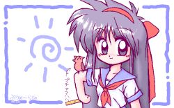  1girl ainu_clothes alternate_costume artist_name breasts dated hair_ribbon japanese_text long_hair looking_at_viewer mamahaha nakoruru pc-98_(style) pc98 ribbon samurai_spirits school_uniform skirt small_breasts smile snk the_king_of_fighters translation_request 