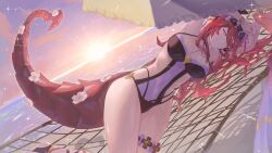  1girl armpits beach breasts closed_mouth commission covered_navel dragalia_lost dragon_girl dragon_horns dragon_tail fang hammock highres horns large_breasts long_hair looking_at_viewer mym_(dragalia_lost) ocean official_alternate_costume on_hammock one-piece_swimsuit re_(pixiv_89203939) red_eyes red_hair skin_fang smile solo sunset swimsuit tail vgen_commission 