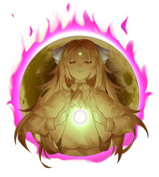  1girl ascot aura blonde_hair bow capelet closed_eyes collared_shirt colored_skin commentary_request cropped_torso dress eyelashes fire forehead_jewel full_moon glowing glowing_gem hair_bow highres kikuri_(touhou) long_hair long_sleeves messy_hair moon open_mouth orb parted_bangs puffy_long_sleeves puffy_sleeves purple_fire re1re133 shirt simple_background smile solo teeth touhou touhou_(pc-98) very_long_hair white_background white_bow yellow_ascot yellow_capelet yellow_dress yellow_shirt yellow_skin 