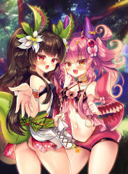  2girls arthropod_girl ass blush braid breasts brown_hair cleavage collarbone detached_sleeves duel_monster flower hair_between_eyes hair_flower hair_ornament highres holding long_hair long_sleeves medium_breasts monster_girl multiple_girls navel open_mouth orange_eyes pink_hair pink_shorts plant_girl reaching reaching_towards_viewer short_shorts shorts smile stomach suzunone_rena thighs traptrix_dionaea traptrix_mantis yu-gi-oh! 