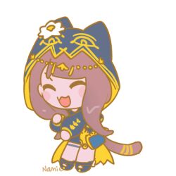  1girl animal_hood animated animated_gif arknights artist_name banned_artist black_shoes blue_eyes blush bright_pupils brown_hair cat_girl cat_hood cat_tail chibi closed_eyes dancing fang female_focus flower from_behind full_body gold_trim hood hood_up long_hair long_sleeves looking_at_viewer looking_back namie-kun no_nose open_mouth pepe_(arknights) shoes signature simple_background solo standing tail white_background white_flower white_pupils 