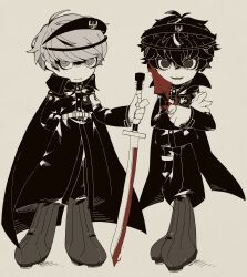  absurdres akesenyou alternate_costume amamiya_ren armband belt black_boots black_cape black_eyes black_hair black_pants boots cape crossed_arms crossover deformed full_body gloves grey_eyes grey_hair headgear highres holding holding_knife holding_sword holding_weapon hole_in_chest hole_on_body knife last_defense_academy_school_uniform narukami_yu pants persona persona_4 persona_5 school_uniform short_hair standing sword the_hundred_line_-last_defense_academy- weapon white_background white_belt white_gloves 