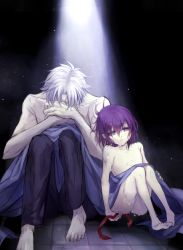  1boy 1girl bad_id bad_pixiv_id barefoot blanket empty_eyes fate/zero fate_(series) koko_(oyasuminasai) loli matou_kariya matou_sakura matou_sakura_(fate/zero) no_nipples purple_eyes purple_hair scar short_hair sweat topless_male uncle_and_niece white_hair  rating:Questionable score:20 user:danbooru