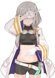  1girl artist_request belt belt_buckle breasts buckle counter:side covering_face embarrassed gloves goggles goggles_around_neck grey_hair highres long_sleeves midriff navel raphaela_(counter:side) sexually_suggestive short_shorts shorts small_breasts solo spread_navel v white_background white_gloves  rating:Questionable score:15 user:ZenebasFury