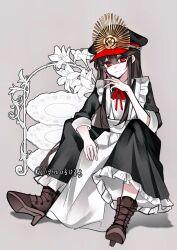  1girl alternate_costume apron arm_between_legs black_dress black_hair boots brown_boots cigarette collared_dress contrast_collar crest dress enmaided facing_viewer family_crest fate/grand_order fate_(series) full_body grey_background hair_between_eyes hat high_heel_boots high_heels highres holding holding_cigarette lace-up_boots legs_folded light_smile long_hair long_sleeves looking_at_viewer maid maid_apron military_hat oda_nobunaga_(fate) oda_uri on_floor peaked_cap plate porcelain red_eyes red_ribbon ribbon simple_background sitting sleeves_rolled_up smoking solo tiered_tray twitter_username very_long_hair xixing_chun 