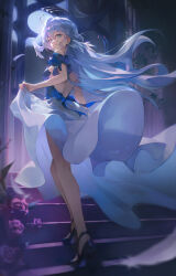  1girl absurdres alohayuja alternate_costume back backless_dress backless_outfit blue_hair breasts commentary_request dress dress_tug flower from_behind green_eyes halo head_wings high_heels highres honkai:_star_rail honkai_(series) indoors korean_commentary long_hair looking_at_viewer looking_back medium_breasts robin_(honkai:_star_rail) rose sideboob solo stairs stone_pillar white_dress wings 