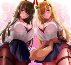 2girls absurdres azur_lane black_bra black_gloves black_hair blonde_hair blue_skirt bow bra bra_peek bra_visible_through_clothes breasts brown_cardigan brown_pantyhose cardigan cardigan_around_waist cleavage clothes_around_waist clothes_lift cross_hair_ornament elbow_gloves from_below gloves hair_bow hair_ornament highres hisin horns huge_breasts kumano_(azur_lane) large_breasts long_hair miniskirt multiple_girls oni_horns panties panties_under_pantyhose pantyhose partially_unbuttoned purple_eyes pussy_juice red_bra red_horns see-through_clothes see-through_shirt shirt short_sleeves side-tie_panties single_elbow_glove single_glove skirt skirt_lift suzuya_(azur_lane) thigh_strap underwear white_gloves white_shirt yellow_eyes rating:Explicit score:36 user:danbooru