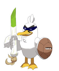1boy artist_request beads brown_eyes creatures_(company) facial_hair feathers food fusion game_freak gen_1_pokemon gen_8_pokemon grin highres holding holding_food holding_sword holding_vegetable holding_weapon looking_at_viewer mohawk mustache nintendo no_humans parody pokemon pokemon_(creature) rurouni_kenshin shell shield simple_background sirfetch&#039;d smile solo spring_onion squirtle sword thick_eyebrows trait_connection uonuma_usui vegetable weapon what white_background