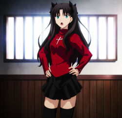  1girl absurdres anime_screenshot black_bow black_hair black_ribbon black_skirt black_socks black_thighhighs blue_eyes bow breasts fate/stay_night fate/stay_night_unlimited_blade_works fate/unlimited_blade_works fate_(series) female_focus hair_bow hair_ribbon hands_on_own_hips highres indoors legs long_hair long_sleeves looking_at_viewer miniskirt open_mouth parted_bangs pleated_skirt red_sweater ribbon skirt small_breasts socks solo solo_focus sweater thighhighs thighs tohsaka_rin turtleneck turtleneck_sweater twintails ufotable zettai_ryouiki 