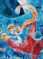  1boy 1girl andersen&#039;s_fairy_tales aqua_eyes asphyxiation blonde_hair boat bubble cape chinese_clothes closed_eyes commentary_request crown drowning fins fish fish_tail from_side gintama hand_on_another&#039;s_cheek hand_on_another&#039;s_face holding_another&#039;s_wrist kagura_(gintama) light_rays mermaid moekon monster_girl monsterification okita_sougo orange_hair orange_scales orange_shirt painting_(medium) pearl_hair_ornament red_cape seashell shell shell_hair_ornament shirt short_hair shouting sunbeam sunlight swimming tail the_little_mermaid_(andersen) traditional_media underwater watercolor_(medium) watercraft white_shirt worried yellow_trim 