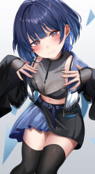  1girl belt black_eyes black_overskirt black_thighhighs black_vest blue_belt blue_hair blunt_bangs breasts crop_top earrings fingerless_gloves fishnet_gloves fishnets gakuen_idolmaster gloves hataya_misuzu highres idolmaster jacket jewelry looking_at_viewer medium_breasts mole mole_under_mouth navel open_clothes open_jacket short_hair skirt smile solo thighhighs vest yu_ni_t 