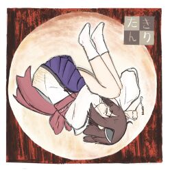  1girl ahoge aik_cuddles album_cover_redraw border brown_hair chinese_commentary closed_eyes commentary_request derivative_work fetal_position full_body headgear japanese_clothes jewelry key key_necklace kimono long_sleeves mole mole_under_eye necklace no_shoes obi pleated_skirt purple_skirt red_sash sash sennen_joyuu short_hair short_kimono short_yukata skirt socks solo touhoku_kiritan upside-down voiceroid white_border white_socks yukata 