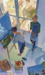  1boy 1girl against_wall amo_(amo_0514) apron art_brush barefoot black_hair black_shoes blue_apron blue_pants blush briefcase brown_eyes brown_hair brown_shoes building chinese_commentary claw_hair_clip cleaning_rag closed_mouth collared_shirt commentary_request day drawing_(object) easel fringe_trim from_above full_body glass_bottle green_hair hair_bun hair_ornament hairclip hand_in_pocket hetero highres holding holding_paint_palette holding_paintbrush indoors leaning_forward looking_at_another original paint_palette paint_tube paintbrush painting_(action) painting_(object) pants pants_rolled_up parted_bangs power_lines rug shirt shoes short_hair single_hair_bun sleeves_pushed_up standing standing_on_one_leg stool three-quarter_sleeves trim_brush unworn_shoes utility_pole white_shirt window wooden_stool 