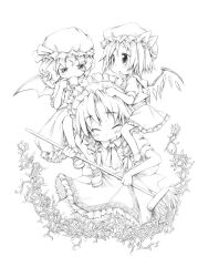  3girls :o apron ascot bat_wings blush bow broom closed_eyes crystal_wings cup dot_nose drinking flandre_scarlet food frilled_apron frills ham_(points) hat hat_bow holding holding_cup izayoi_sakuya lineart maid maid_headdress monochrome mug multiple_girls open_mouth plant puffy_short_sleeves puffy_sleeves remilia_scarlet shoes short_hair short_sleeves simple_background sitting_on_shoulder smile sweat sweeping touhou vegetable vines white_background wings 