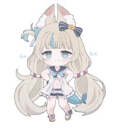  1girl :3 ahoge animal_ear_fluff animal_ears blonde_hair blue_bow blue_eyes blue_hair blue_sailor_collar blunt_bangs bow cat_ears character_name chibi chibi_only closed_mouth dress fang fins fish_tail frilled_sailor_collar frills full_body hair_bow hands_on_own_hips highres hocmiya indie_virtual_youtuber long_hair looking_at_viewer multicolored_hair navel one_side_up ribbon-trimmed_dress ribbon_trim sailor_collar sameko_saba sandals short_shorts shorts simple_background skin_fang sleeveless sleeveless_dress solo stomach streaked_hair tail very_long_hair virtual_youtuber white_background white_dress white_shorts 