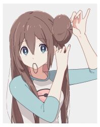  1girl blue_eyes breasts brown_hair donut_hair_bun grey_background hair_bun hair_tie_in_mouth highres long_hair looking_at_viewer mouth_hold nintendo oromnt poke_ball_print pokemon pokemon_bw2 raglan_sleeves rosa_(pokemon) shirt simple_background solo twintails tying_hair upper_body 