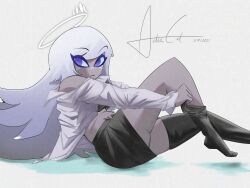  1girl angel bare_shoulders black_skirt black_thighhighs breasts dark-skinned_female dark_skin dated emily_(hazbin_hotel) freckles from_side frown grey_hair grey_shirt halo hazbin_hotel highres large_breasts long_hair long_sleeves open_clothes open_shirt pencil_skirt pink_eyes shirt signature simple_background skirt solo tachibanacat thighhighs white_background white_hair 